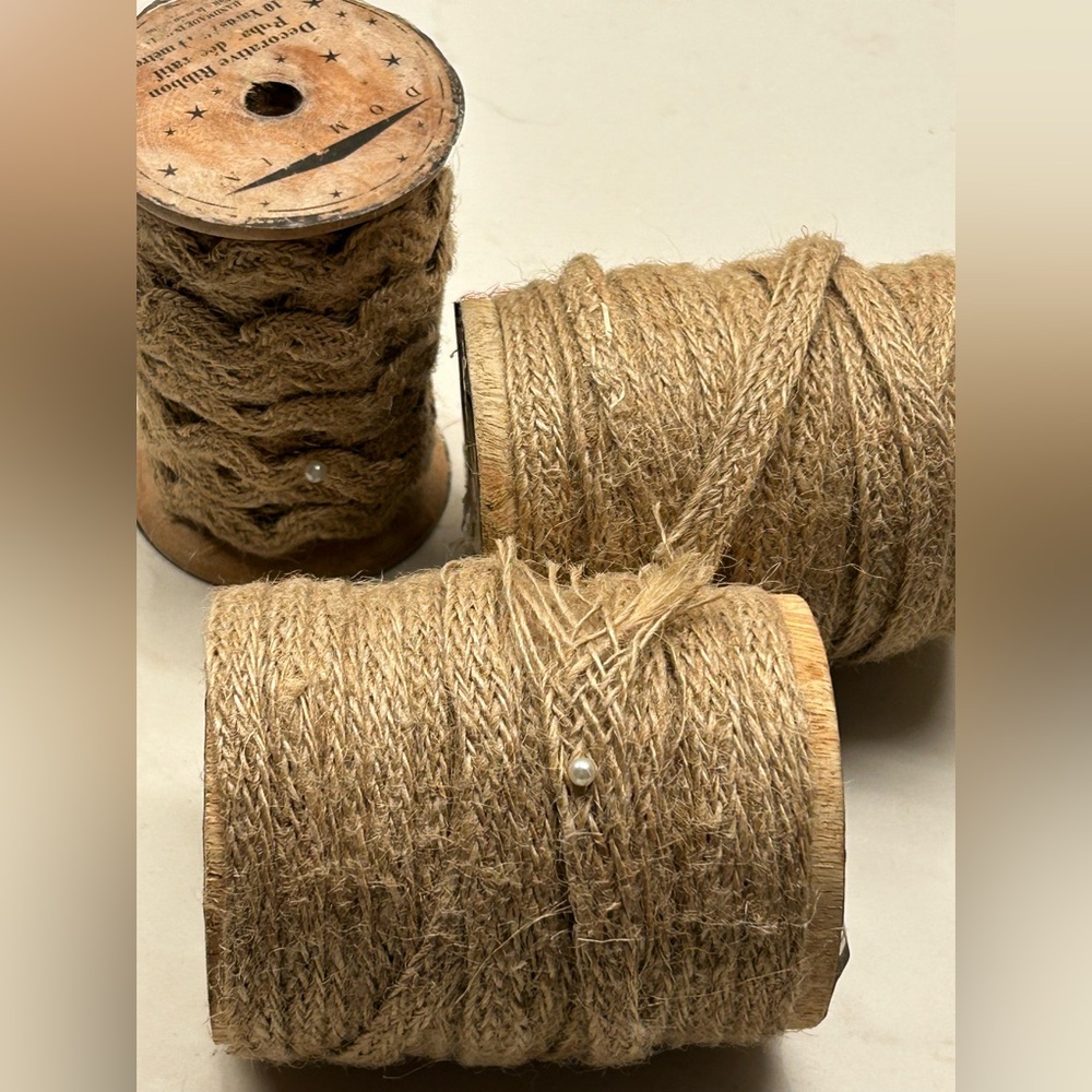 3 Decorative Ribbon - Natural Jute Twine Wooden Spool Handmade in India